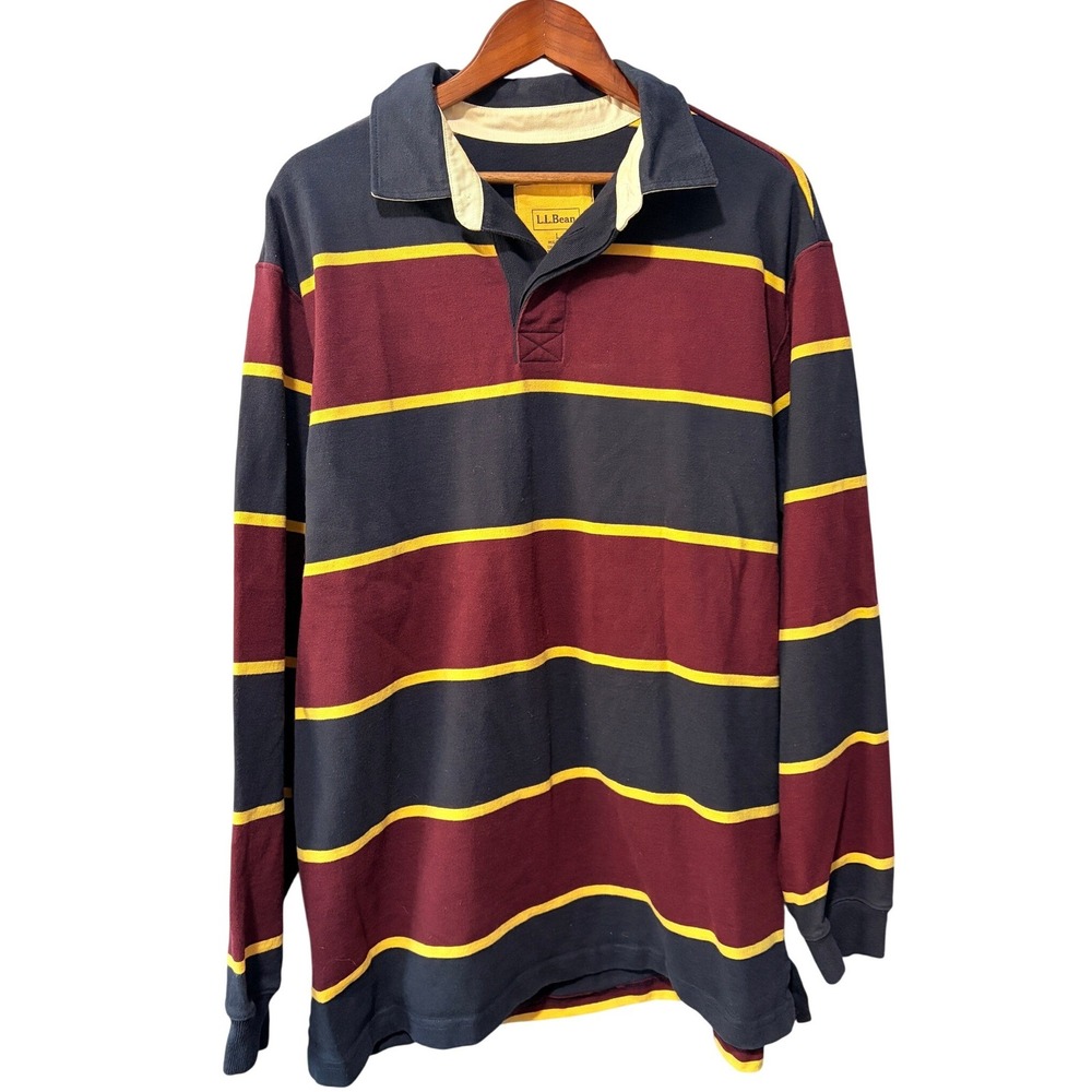 LL Bean Mens Large Rugby Shirt Long Sleeve Striped Cotton Navy Burgundy Yellow
